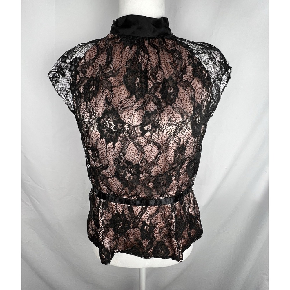 VTG ECI New York Lace Blouse Pink Silk Lining Gothic Coquette Bow Back Top